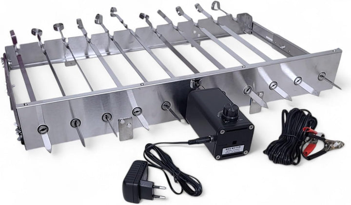 Mangal Drehspiessaufsatz aus Edelstahl mit 230 V Elektromotor Spiesse (mit 9 Spiesse), mit 9 Spie&#x