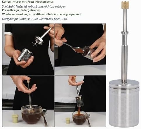 Tragbare Mikro-French-Press aus Edelstahl, Wiederverwendbare Kaffee- und Teefilterpresse, Federantri