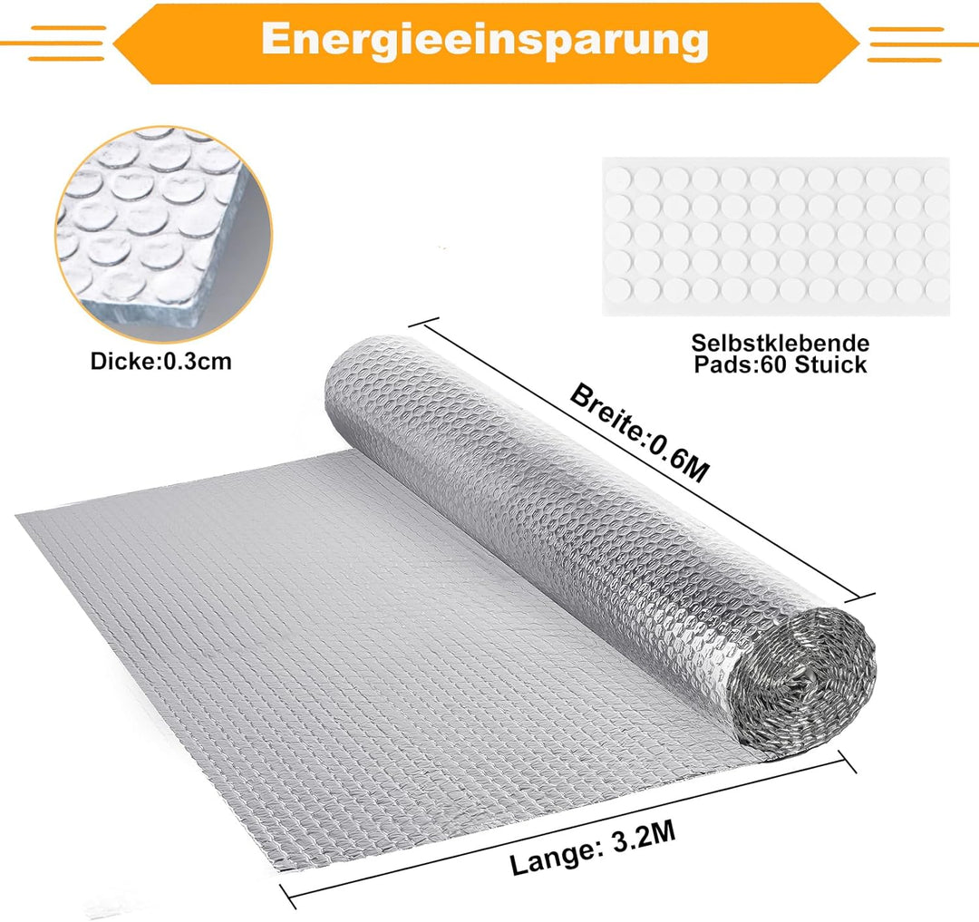 3.2 m x 60 cm Heizkörper Reflexionsfolie Heizung, 3mm Dicke Isolierfolie Dämmfolie Doppelseitige Alu