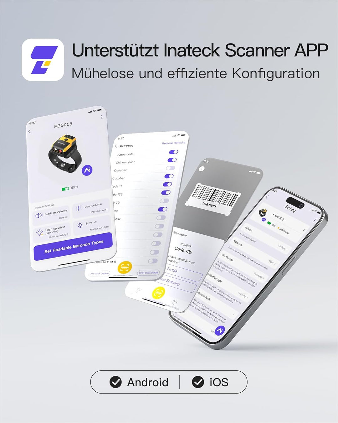 Inateck Barcode Scanner Kabellos Armbanduhr-Stil, 1D 2D QR, Bluetooth, USBC | Ultraleichter, Sprachs