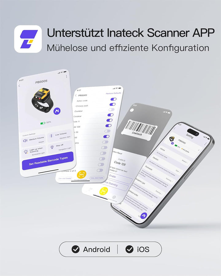 Inateck Barcode Scanner Kabellos Armbanduhr-Stil, 1D 2D QR, Bluetooth, USBC | Ultraleichter, Sprachs