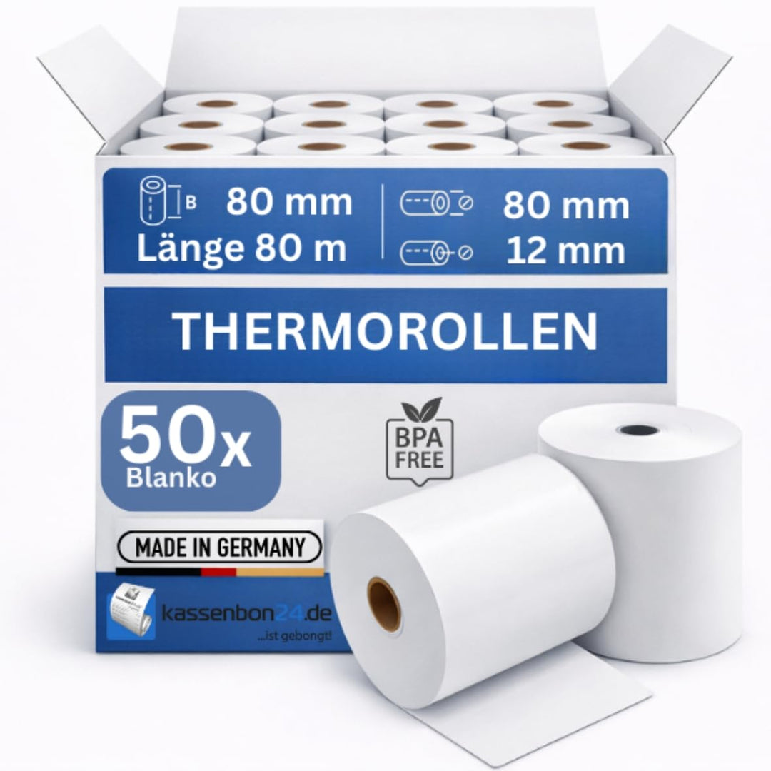 50 Thermorollen 80mm x 80m x 12mm [Ø 80mm] - Thermopapier Bonrolle - 80m lang - 50 Stück