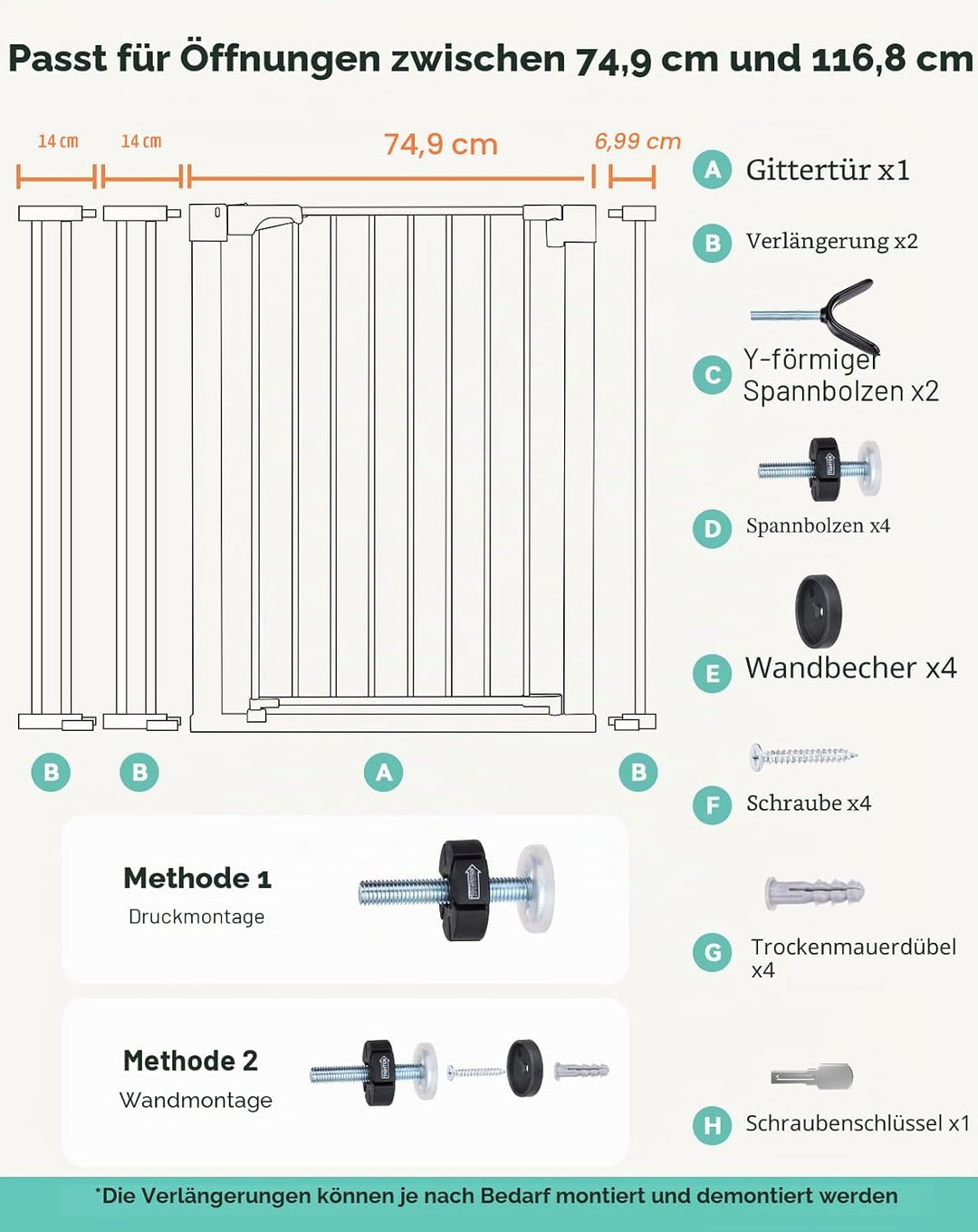 COMOMY Sicherheitsgitter für Kinder, sehr hoch, 75 – 117 cm, Treppe, ohne Bohren, ausziehbar, automa