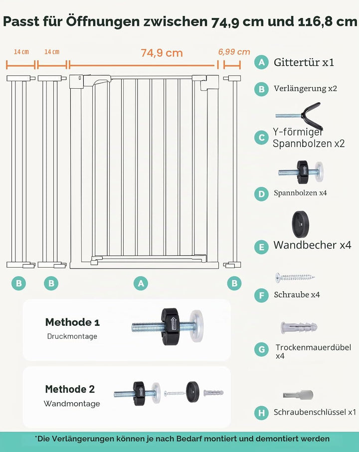 COMOMY Sicherheitsgitter für Kinder, sehr hoch, 75 – 117 cm, Treppe, ohne Bohren, ausziehbar, automa