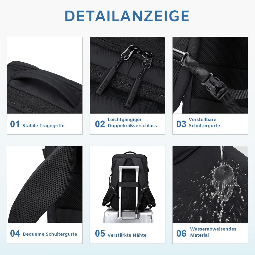 BAGOK Handgepäck Rucksack, Wasserdichter Multifunktionaler Rucksack Handgepäck Flugzeug mit Laptopfa