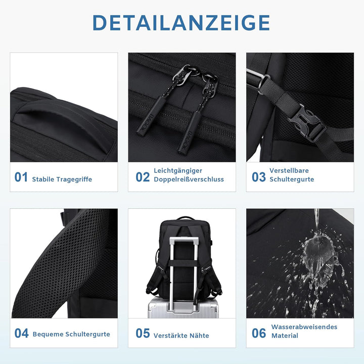 BAGOK Handgepäck Rucksack, Wasserdichter Multifunktionaler Rucksack Handgepäck Flugzeug mit Laptopfa
