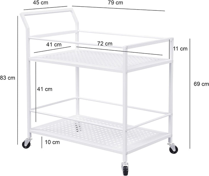 FineBuy Servierwagen 79x45x83 cm Metall Weiss mit Rollen, Küchenwagen | Barwagen mit 2 Ebenen und Fe