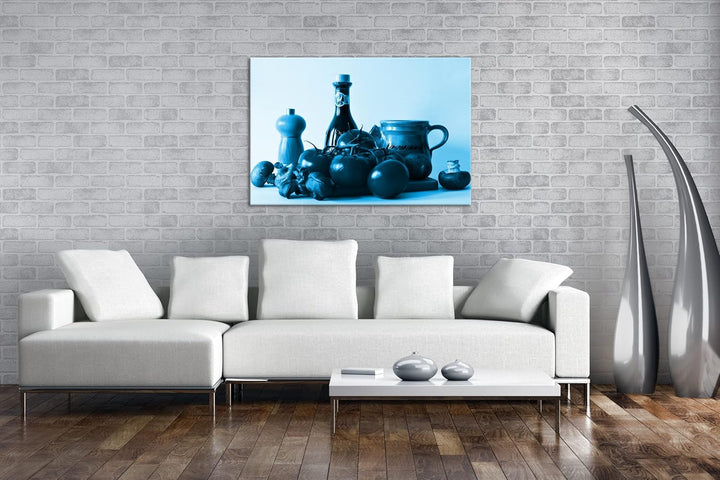 deyoli gesunde Nahrungsmittel auf einem Holzbrett Format 120x80 Effekt: Monocrome Blau als Leinwandb