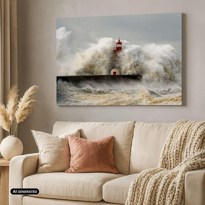 ARTTOR Bilder auf Leinwand Leuchtturm Ozean Sturm Leinwandbild 70x50cm Wandbilder Dekoration Wohnzim