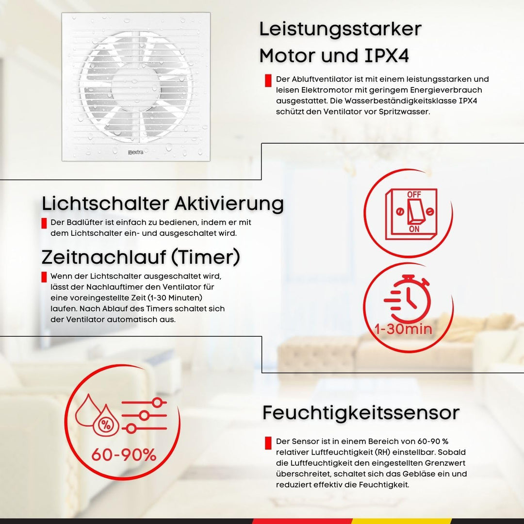 Steinberg14 Badlüfter Ø 150mm mit Feuchtigkeitssensor und Zeitnachlauf (Timer) - Weiss Ventilator Ø
