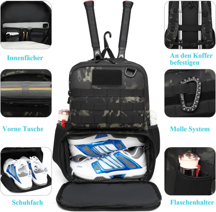Tennistasche für Herren &amp; Damen taktischer Tennisrucksack mit Schuhfach | Sportrucksack mit Schläger
