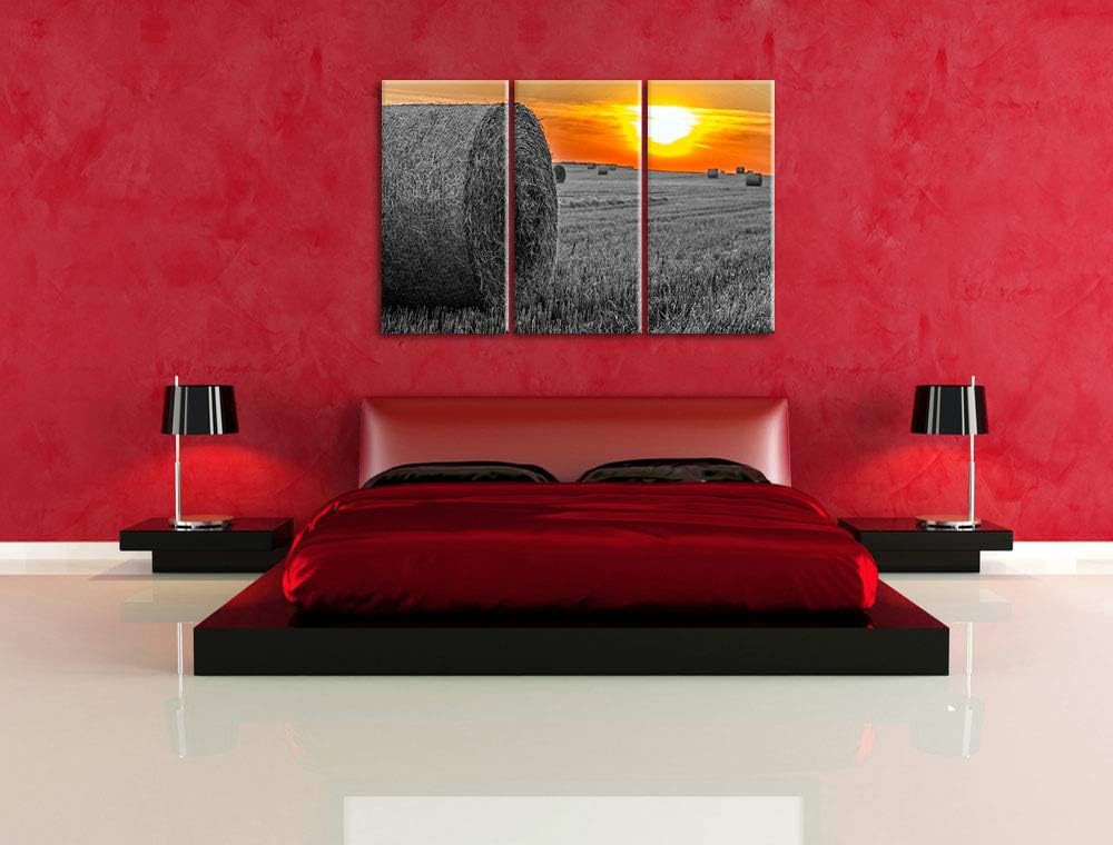 Strohballen auf Feld bei Sonnenuntergang schwarz/weiss 3-Teiler Leinwandbild 120x80 Bild auf Leinwan