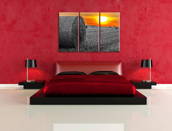 Strohballen auf Feld bei Sonnenuntergang schwarz/weiss 3-Teiler Leinwandbild 120x80 Bild auf Leinwan