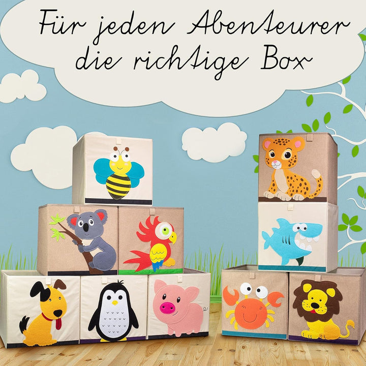 LIFENEY Aufbewahrungsbox im 3er Set Hund, Biene und Schwein I Dreierpack Spielzeugbox mit Tiermotiv