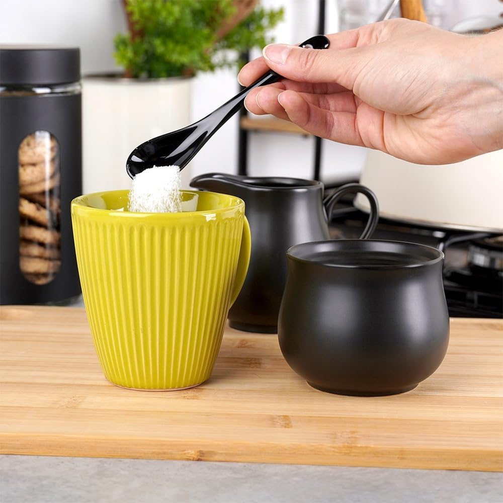 Vilde Milchkännchen und Zuckerdose Set aus Porzellan 2-teilig mit Deckel Löffel Schwarz - Modern Kaf