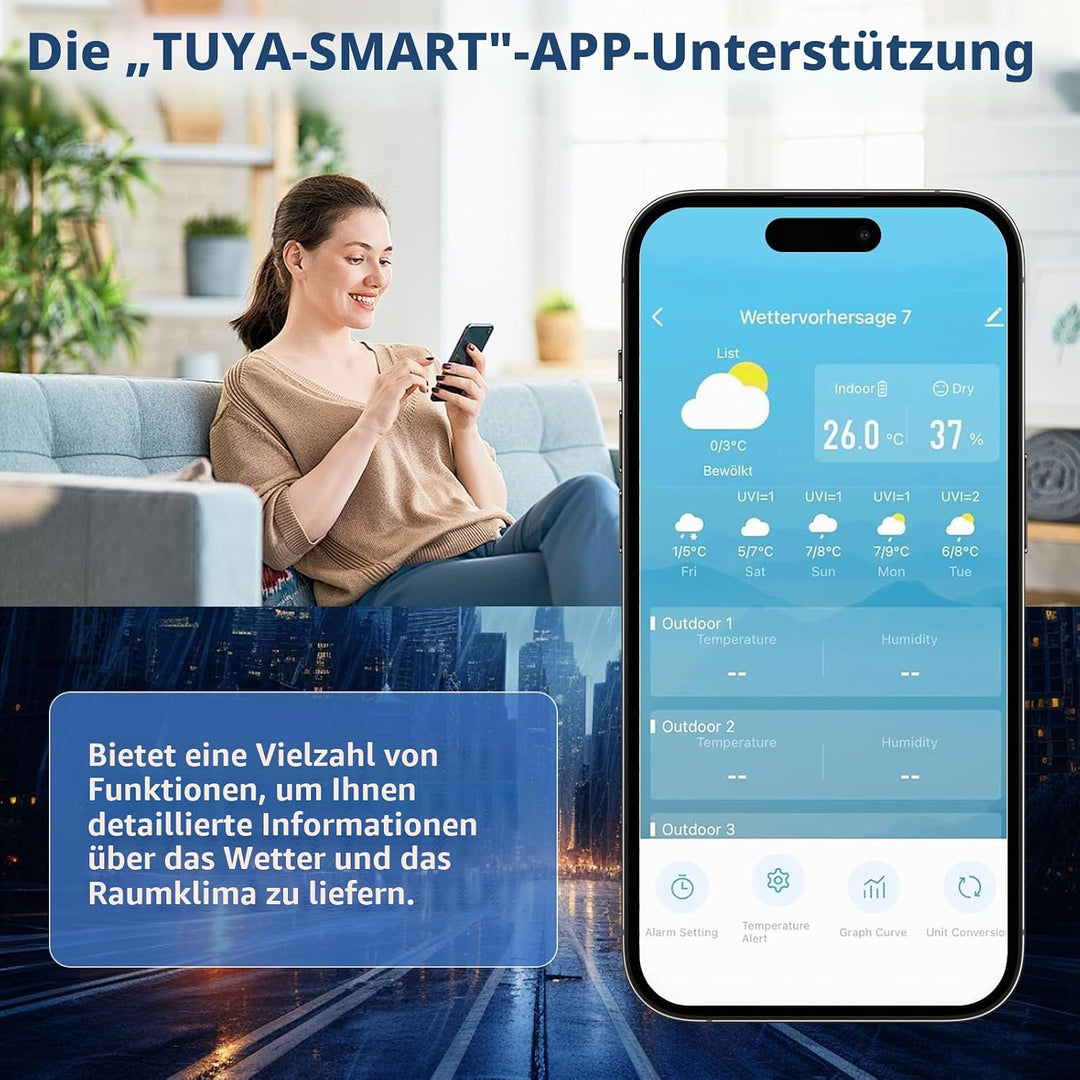 Wetterstation Wlan,Mit 3 Aussensensor &amp; Wettervorhersage,Mit App Tuya Und Smartlife,Digital Farbdisp