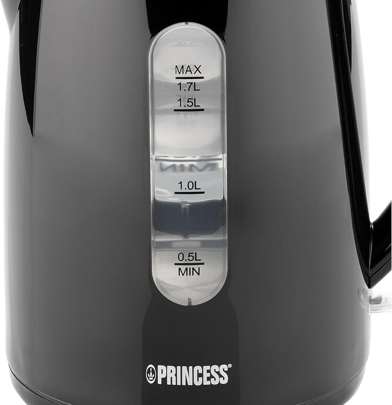 Princess Wasserkocher (schwarz) mit 1,7L Fassungsvermögen - 360° rotierbar mit Wasserstandsanzeige,
