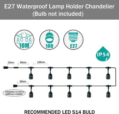Mu 10M Lichterkette Aussen, Outdoor Erweiterbar Auf 1000W, 10 Birnen S14 Led 2W (=15W) E27 Wetterfes