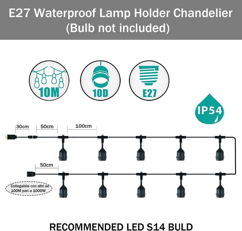 Mu 10M Lichterkette Aussen, Outdoor Erweiterbar Auf 1000W, 10 Birnen S14 Led 2W (=15W) E27 Wetterfes