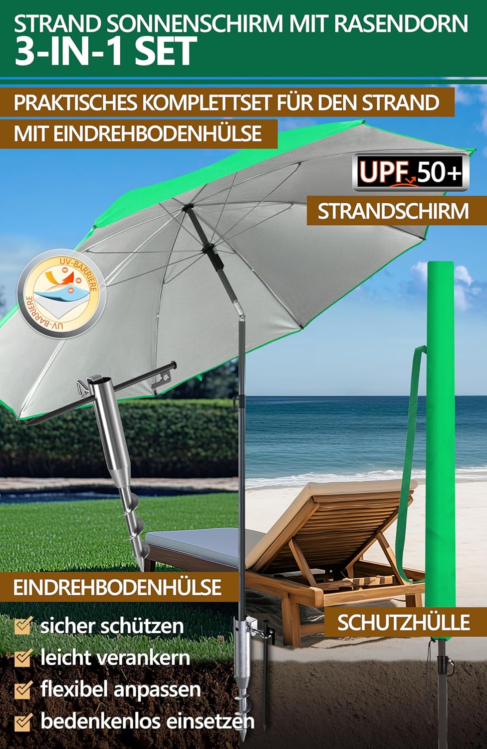 4smile Sonnenschirm Strand 3-in-1 Set, Ø 180 cm, Grün, Strandschirm Windfest Stabil, UV50 Sonnenschu