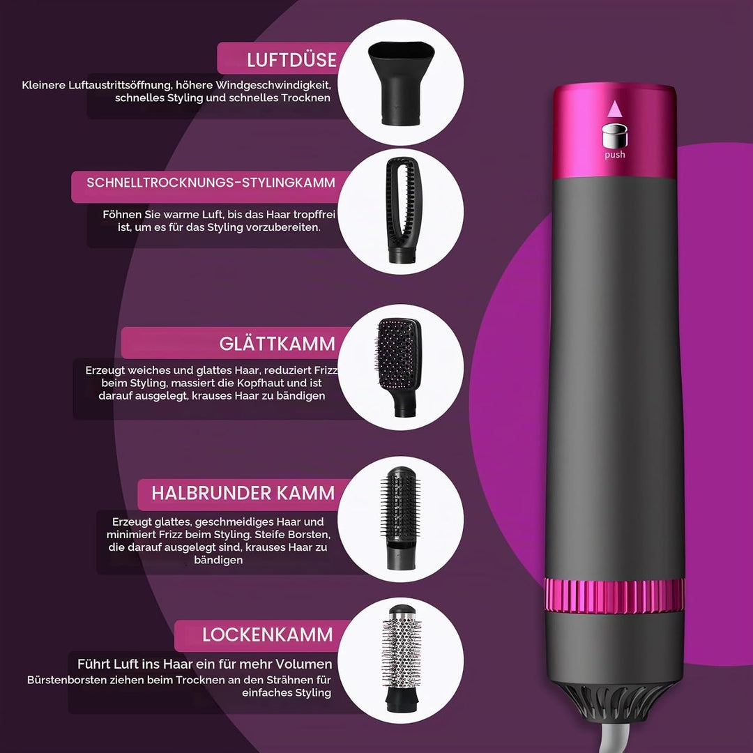 5-in-1 Lockenstäbe Lockenbürste Set, Warmluftbürste Rotierend mit Lockenstab, Set Haartrockner Hairs