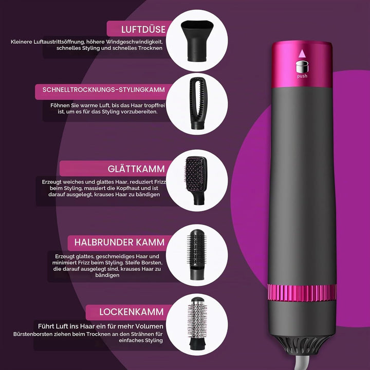 5-in-1 Lockenstäbe Lockenbürste Set, Warmluftbürste Rotierend mit Lockenstab, Set Haartrockner Hairs