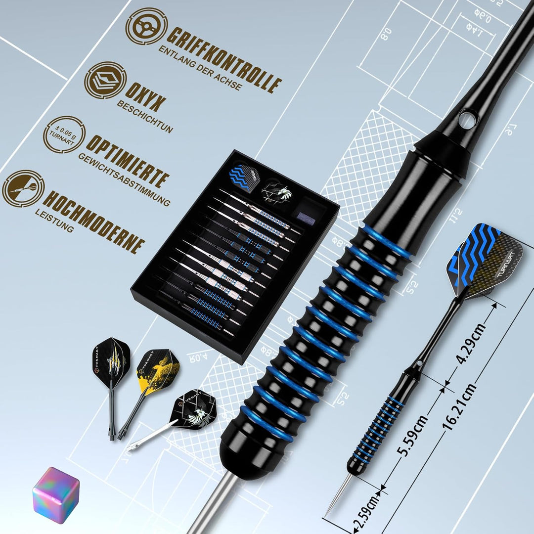 Turnart Dartpfeile mit Metallspitze, 12 Stück Profi Steeldarts mit Dart Case Blau -A, Blau -A