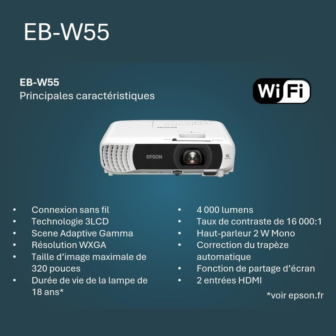 EPSON EB-W55 3LCD-Projektor HD-Ready (4.000 Lumen, 16:10, WXGA-Auflösung (1280x800 Pixel), WiFi, HDM