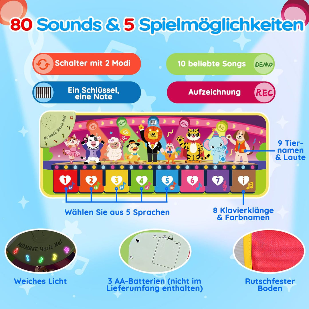 MOMUSE 5-Sprachen Musikmatte (DE/FR/IT/ES/EN), Baby Spielzeug ab 1 Jahr, Multilinguale Klaviermatte