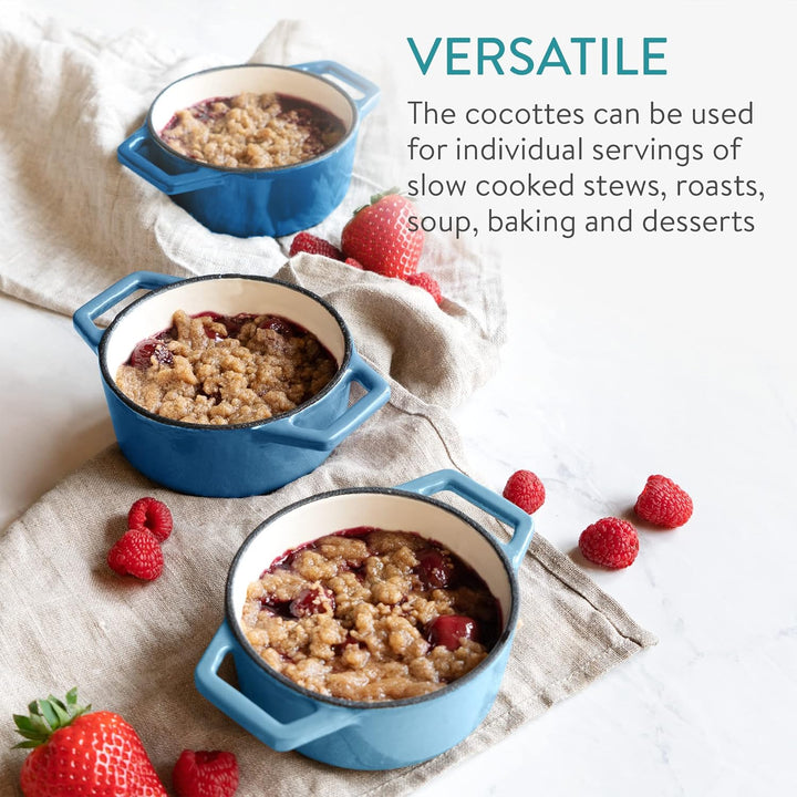 Navaris Mini Cocotte Set - 4x Gusseisen Mini Topf Blau - Optimale Wärme Distribution - Mini Auflauff