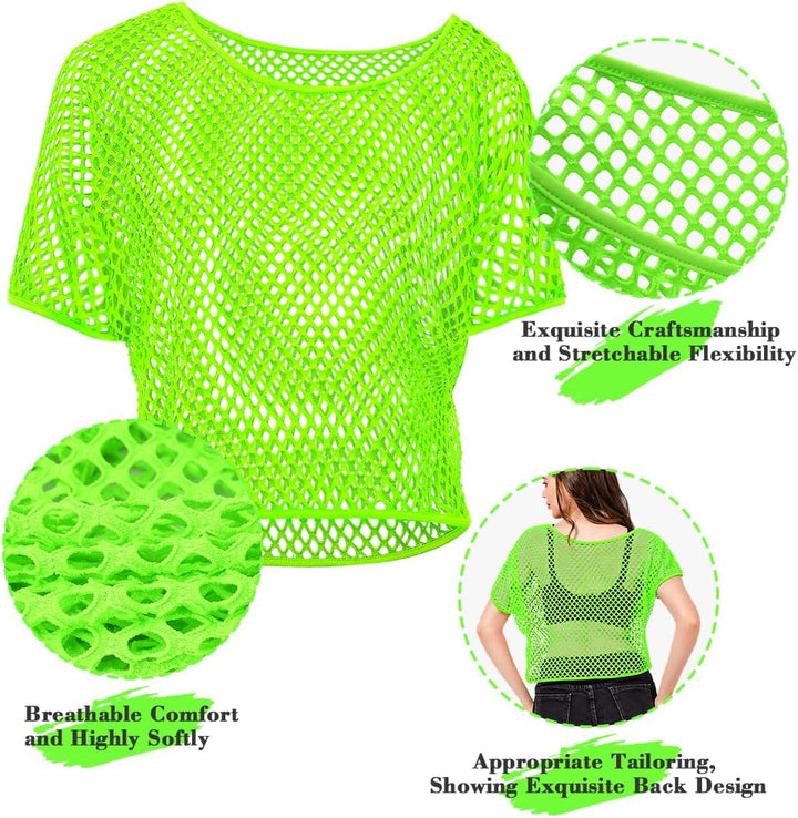 WILDPARTY 80er 90er Jahre Outfit Damen, Netzoberteil, Mesh Oberteil, Neon Shirt Aerobic Kostüm Sexy,
