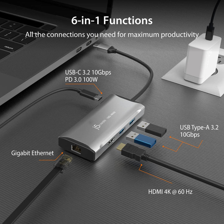 j5create USB C Hub - 4K 60Hz HDMI, 2 USB-A 10Gbps, USB-C 10Gbps mit PD 100W, Ethernet, | Multiport A