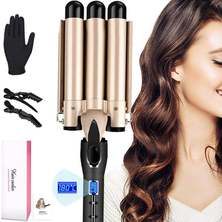 Lockenstab 3 Fässer Welleneisen DEEPWAVES Φ28mm, AIMERVO Waver LCD 14 Temperaturstufen 80-210℃, für