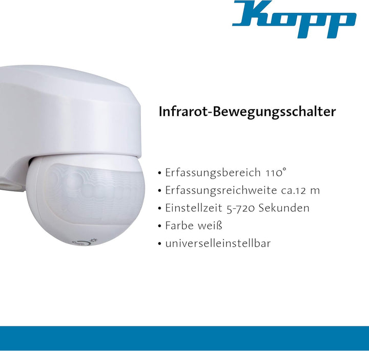 Kopp Infracontrol Bewegungsmelder, 110°, 12m Reichweite, Infrarot-Bewegungsmelder Aufputz für Aussen