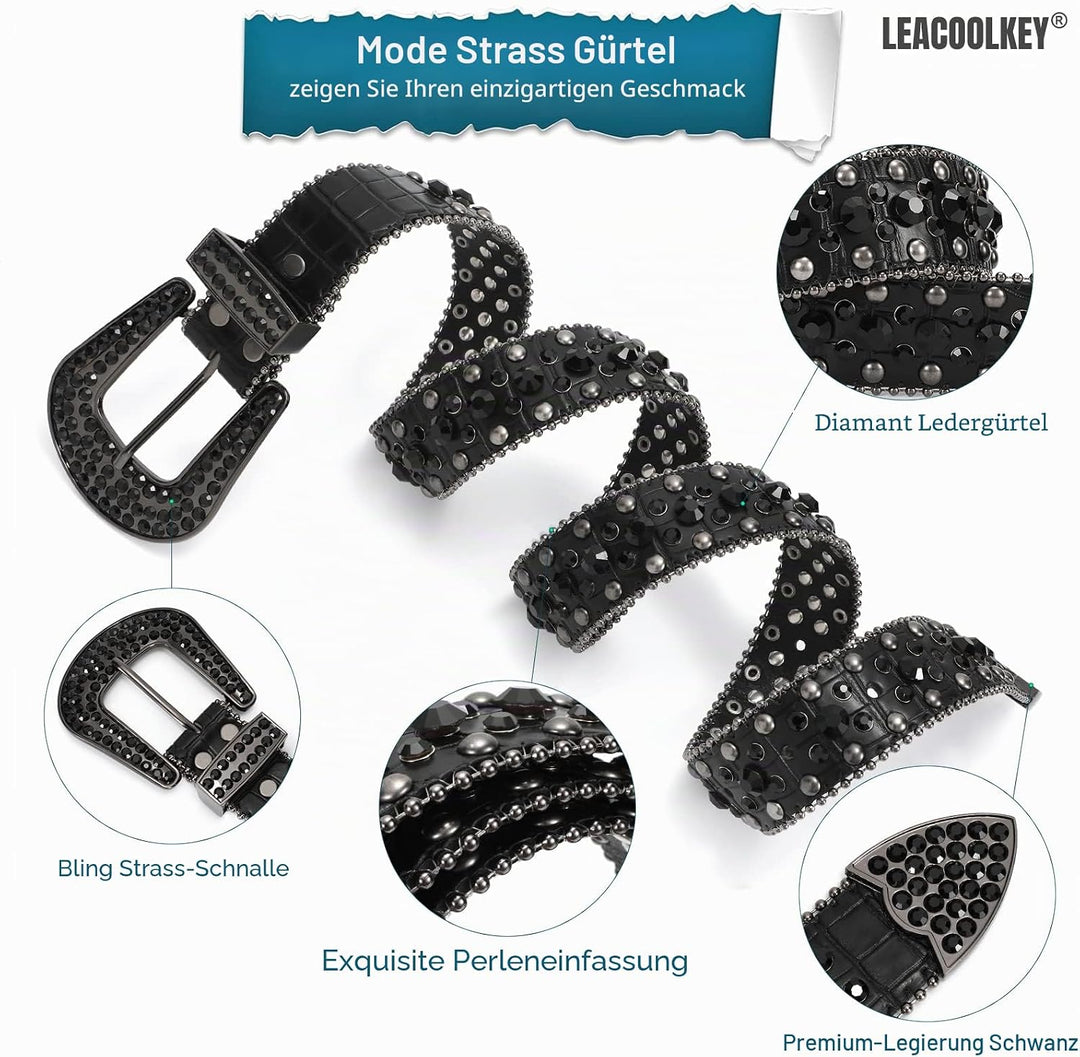 LEACOOLKEY Damen Männer Mode Strass Gürtel, Western Cowgirl Nieten Punk PU Ledergürtel für Jeans M:P