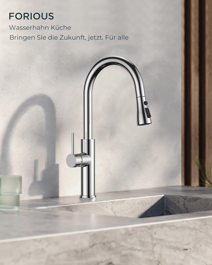 FORIOUS Wasserhahn Küche, Küchenarmatur Ausziehbar, Spültischarmatur mit Zwei Sprühfunktione, 360° S