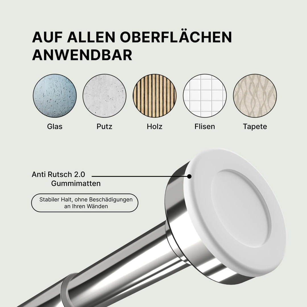Duschstange zum Klemmen 140-250cm, Silber, Ø 25 mm - Gardinenstange ohne Bohren - Teleskopstange Vor