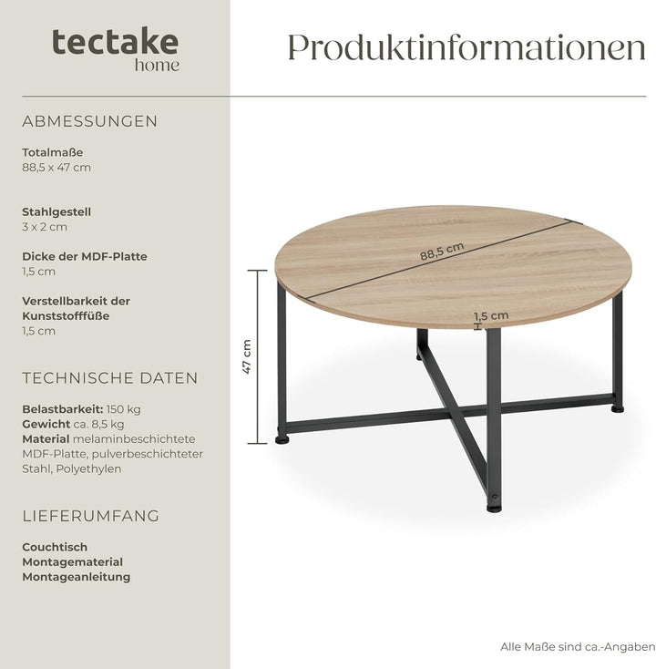 tectake® Couchtisch rund Holz und Metall, Beistelltisch rund, runder Tisch Wohnzimmer, Sofatisch, Wo