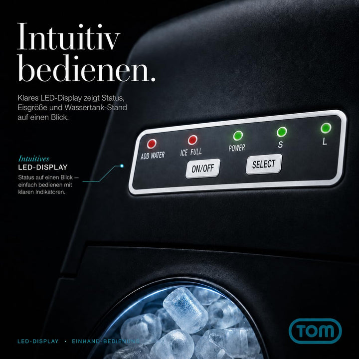 TOM Eiswürfelmaschine – 9 Eiswürfel in 6-8 min – 12 kg/24 h – 2 Würfelgrössen – Ice maker Eiswürfelm