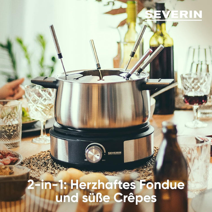 SEVERIN Fondue-Crêpes-Kombination, spülmaschinengeeignetes Fondueset mit 8 farblich markierten Gabel