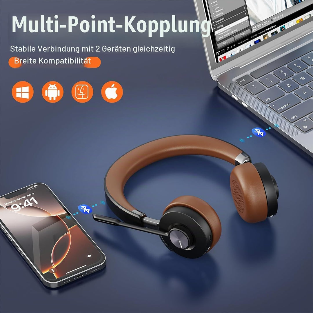 Headset mit Mikrophone Kabelloses, Bluetooth Headset für PC Laptop, 32h Gesprächszeit, USB A Dongle