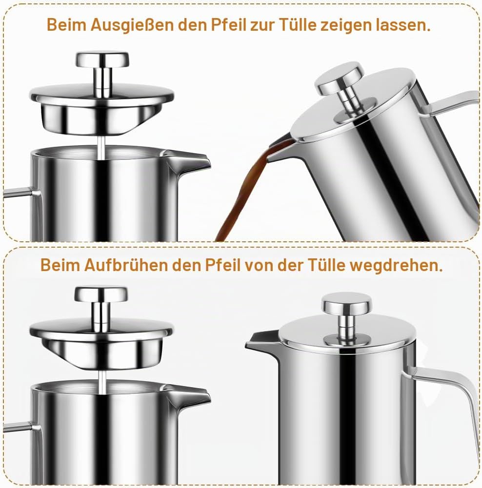 HOTUT French Press Kaffeebereiter, 350 ml Edelstahl Französische Presse mit Löffel, Ersatzfilter, Kl