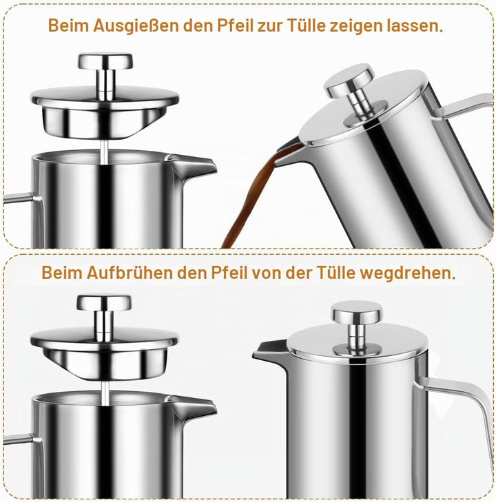 HOTUT French Press Kaffeebereiter, 350 ml Edelstahl Französische Presse mit Löffel, Ersatzfilter, Kl