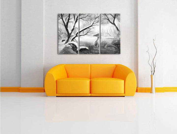 Pixxprint Drache im schneebedeckten Wald als Leinwandbild/Grösse: 3 Teilig (120x80 cm) cm/Wandbild/K