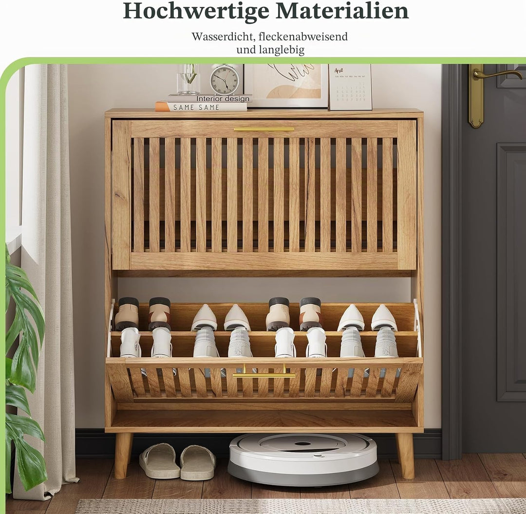 Schuhschrank mit Lamellen und 2 Klappschubladen, schmaler Schuhschrank für den Eingangsbereich, frei