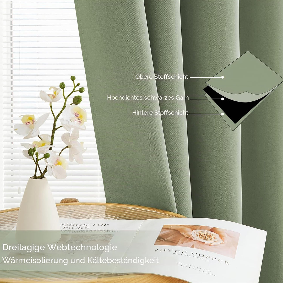 MRTREES Thermo Gardinen mit Ösen Blickdicht Grün für Küche Fenster Wohnzimmer Modern Kurz 2er Set H