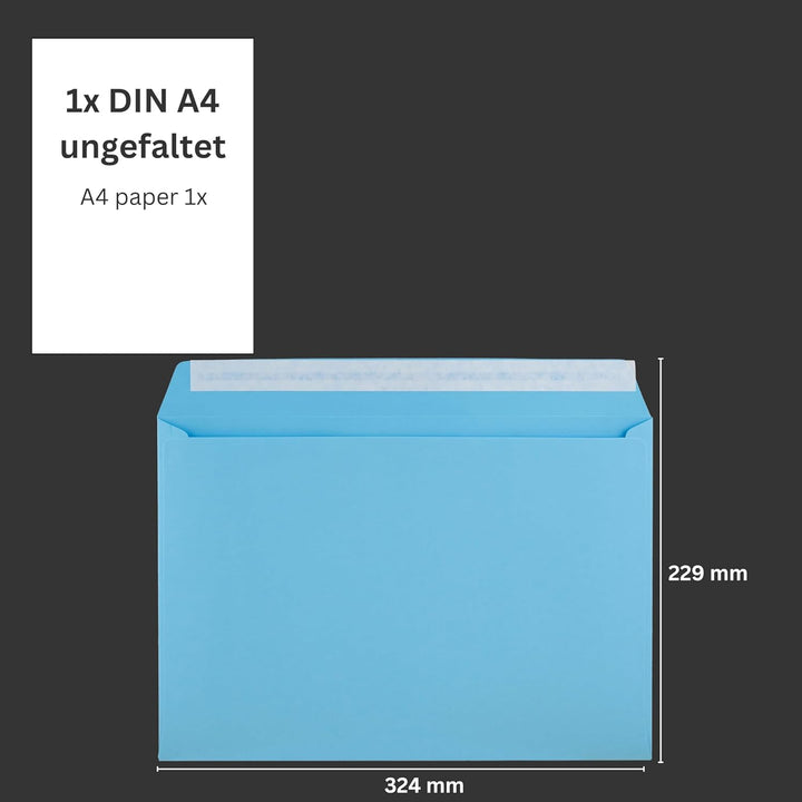 50 Stück, Farbige Briefumschläge, DIN C4, Haftklebung mit Abziehstreifen, Gerade Klappe, 130 g/qm Co
