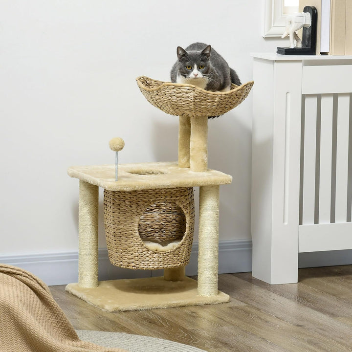 PawHut Kratzbaum 74 cm Katzenbaum mit Katzenhöhle Bett Spielball Beige | Katzenkratzbaum mit Sisal-K