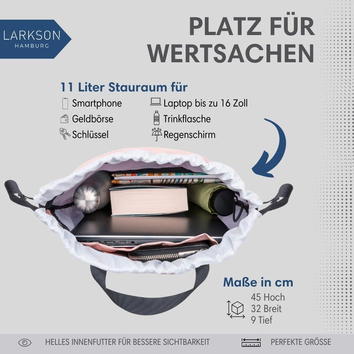 LARKSON Turnbeutel Damen &amp; Herren Rosa Grau - No 7 - Rucksack Damen für Sport und Festival - Beutel