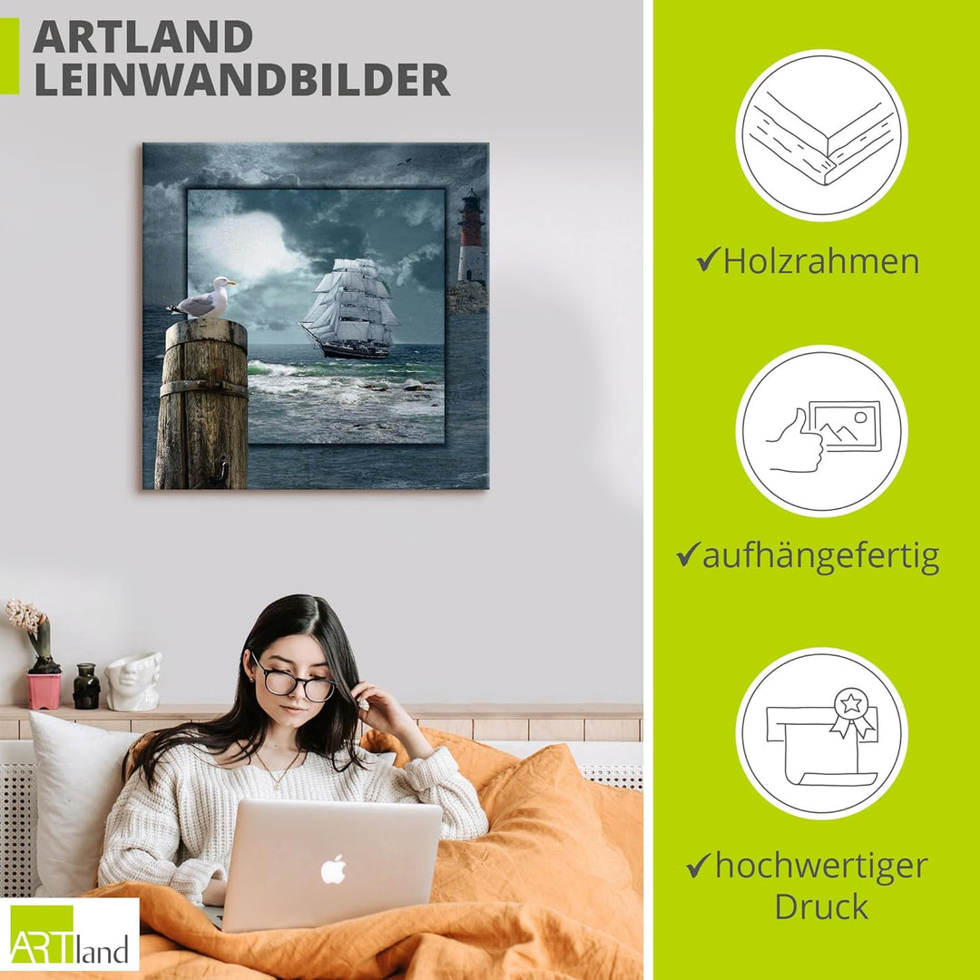 ARTland Leinwandbilder Wandbild Bild auf Leinwand 100x100 cm Wanddeko Meer Küste Maritim Schiff Sege